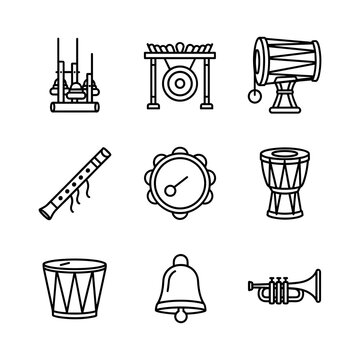 Traditional and diverse musical instrument line icon set