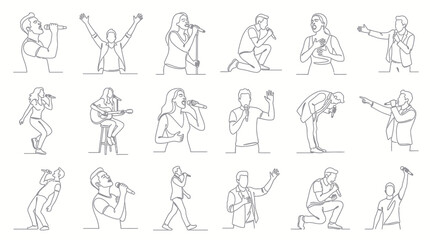 Fototapeta premium Music and Entertainment Industry Singers Performers with Microphones - Continuous One Line Art Style Vector Set
