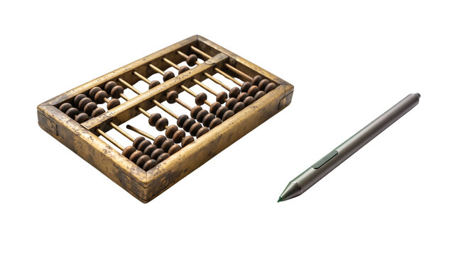 Vintage wooden abacus with digital stylus pen, traditional counting tool and modern technology, concept of financial evolution isolated PNG with Transparent Background