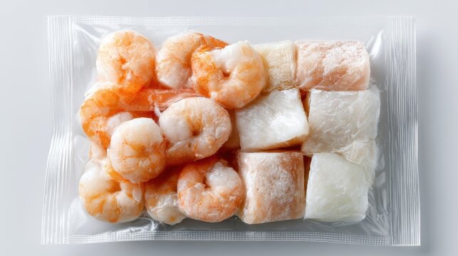 Frozen seafood mix in a transparent package, featuring shrimp and pieces of fish or other seafood. The contents are neatly arranged, highlighting their freshness despite being frozen