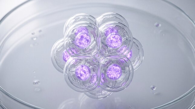 Microscopic 3D illustration of dividing human embryo cells with purple nuclei inside petri dish for medical ivf fertility research and biotechnology science lab background