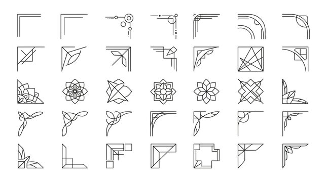 Set of decorative corner elements and geometric frame borders for graphic design projects.