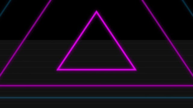 Neon triangle tunnel motion background, glowing blue and purple geometric lines, retro synthwave aesthetic loop