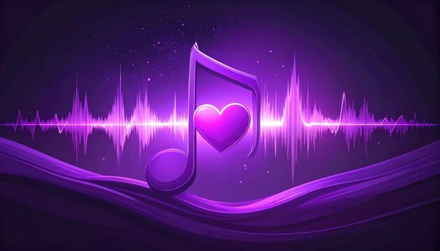 Musical note with heart on purple sound wave background