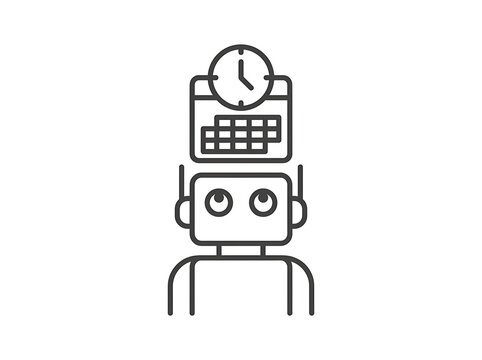 Cartoon robot with clock and calculator head sitting