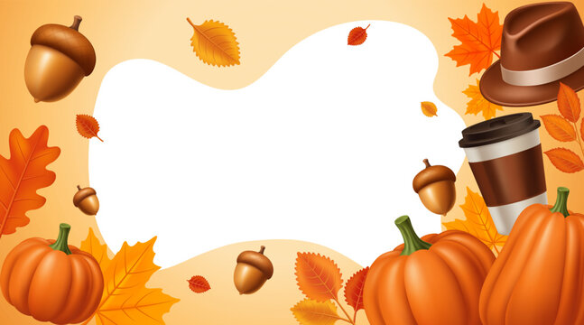 Autumn Frame Background with Pumpkins Coffee Cup Acorns Leaves and Copy Space