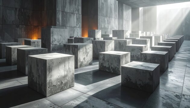 Brutalist concrete cubes in hall with dramatic sunlight rays