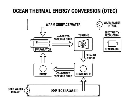 Diagram illustrating the Ocean Thermal Energy Conversion process for renewable power generation.