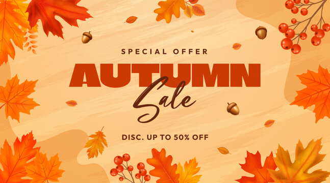 Autumn Sale Background with Maple Leaves Pumpkins Acorns and Seasonal Decorations