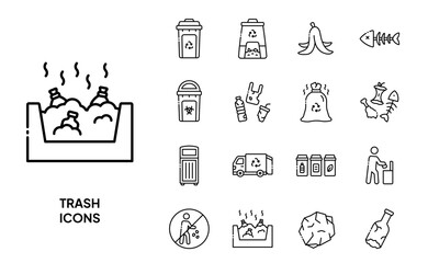 Fototapeta premium Trash Waste Line Icon Set Recycle Garbage Environment