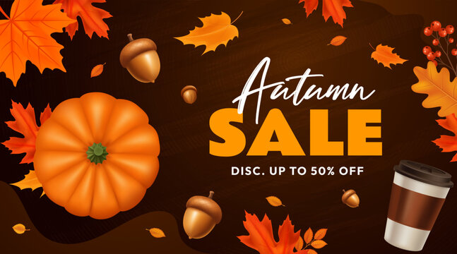 Dark Autumn Sale Banner with Pumpkin Coffee Cup Acorns and Maple Leaves