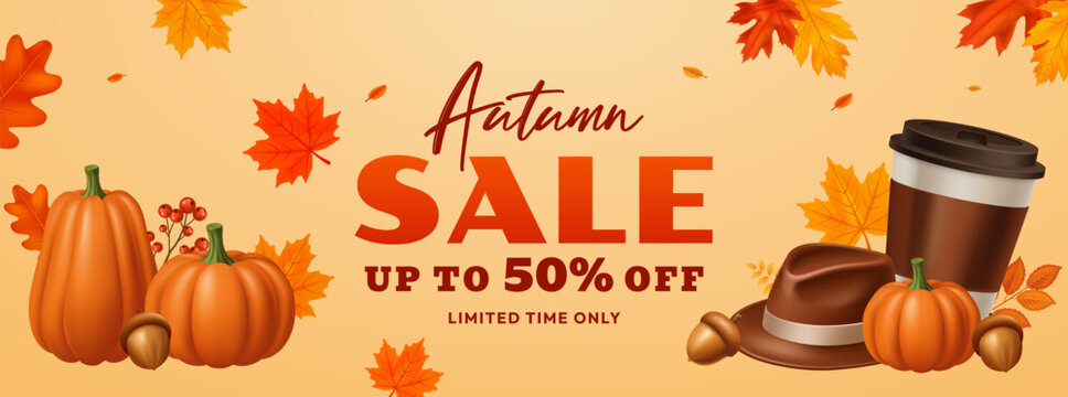 Autumn Sale Banner with Coffee Cup Pumpkins Maple Leaves and Seasonal Harvest Theme
