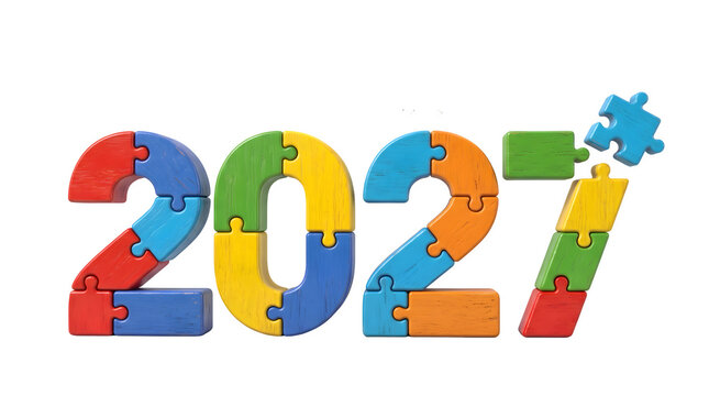 Colorful jigsaw puzzle forming 2027 with one piece floating on transparent background