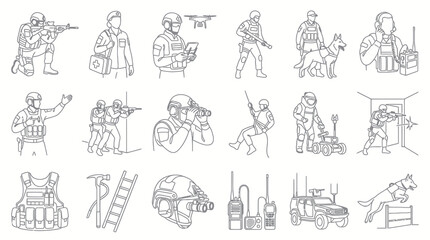 Fototapeta premium Black and White Line Art of Military and Security Personnel with Equipment