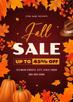Fall Sale Promotional Poster with Autumn Leaves Pumpkins Harvest Decorations and Discount Template