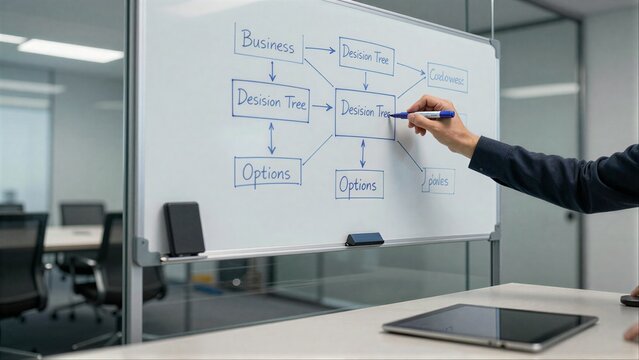 Hand draws decision tree diagram on whiteboard in modern office meeting room.