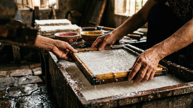 Artisan hands making handmade paper in a traditional workshop setting.