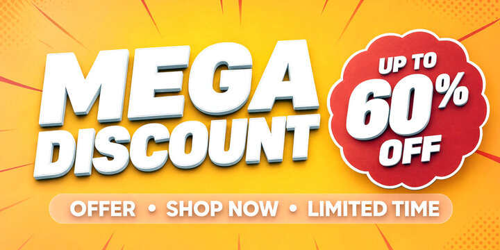 Bright and explosive mega discount sale banner with up to sixty percent off promotion offer