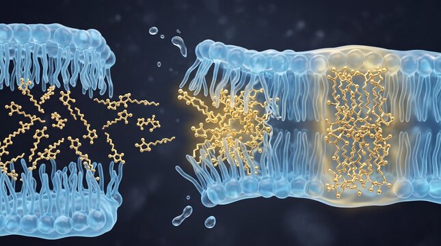 Scientific 3D illustration showing golden active molecules penetrating a blue cell lipid bilayer membrane for advanced skincare serum medical research and cosmetic science technology