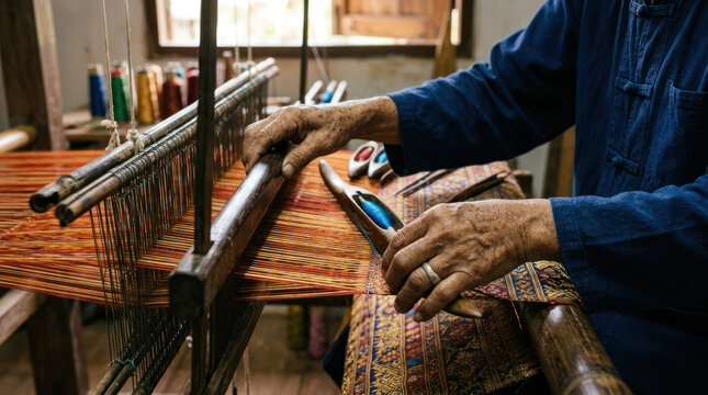 Artisan hands weaving colorful threads on a traditional loom.