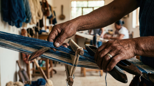 Artisan hands weaving intricate patterns on a traditional loom.