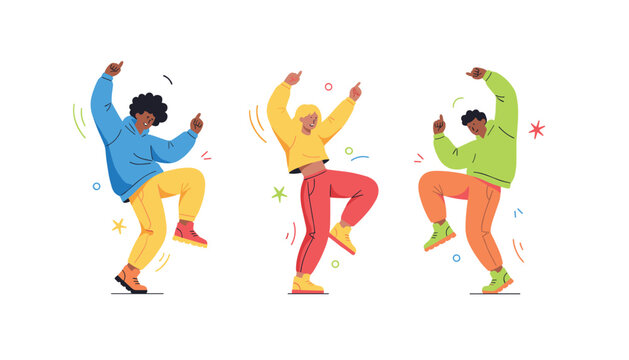 Happy diverse young friends dancing and celebrating together in vibrant colorful casual clothes over white background.