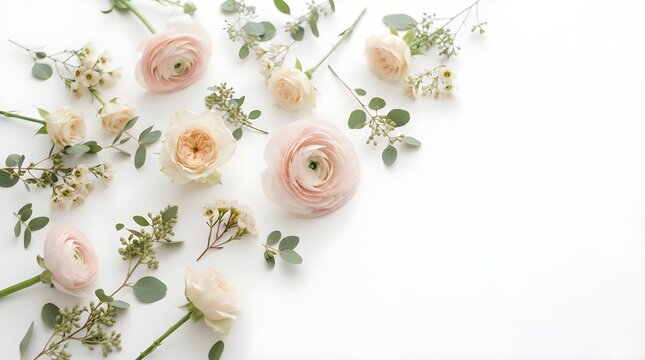 Soft Pink Ranunculus and Cream Roses Floral Flat Lay Background with Eucalyptus Leaves