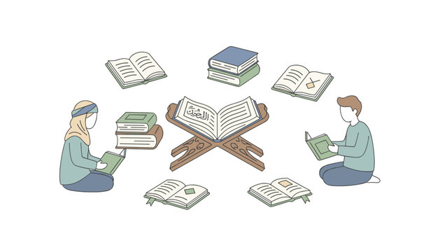 Muslim boy and girl studying the holy Quran and reading books together in an educational religious setting.