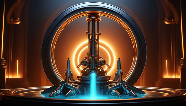 Futuristic circular reactor chamber with vertical energy beam