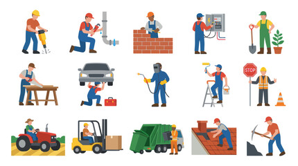 Fototapeta premium Flat Vector Illustration Set of Diverse Skilled Trades Workers and Manual Labor Occupations