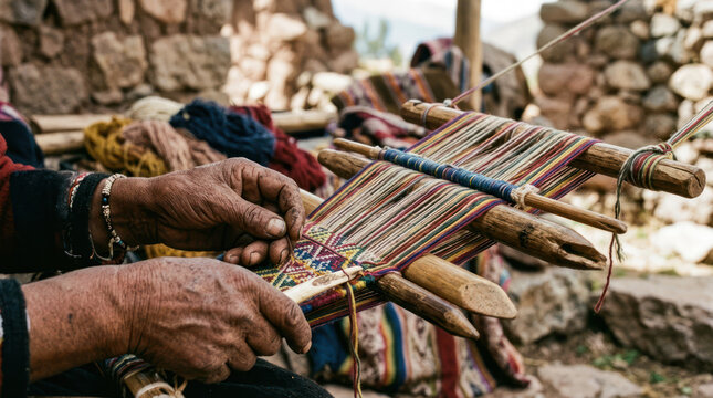 Elderly hands weaving colorful threads on a traditional loom.