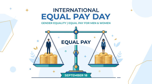 International Equal Pay Day illustration showing gender equality with a balanced scale, male and female figures on equal stacks of coins, and the date September 18.