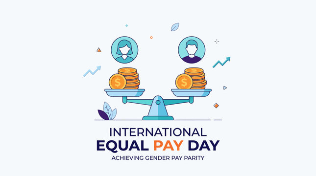 Illustration of a balance scale showing equal stacks of coins for male and female avatars, symbolizing International Equal Pay Day and gender pay parity.