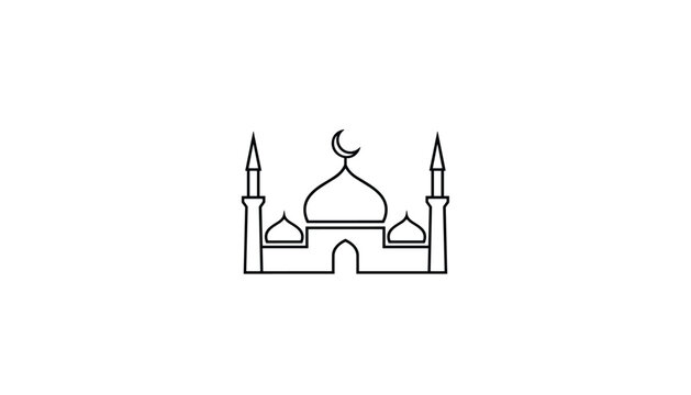 Simple black contour outline drawing of an islamic mosque building with minarets on white background.