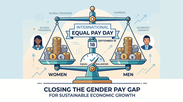 Illustration of International Equal Pay Day on September 18, showing a balanced scale representing equal pay for women and men, promoting gender equality and sustainable economic growth.