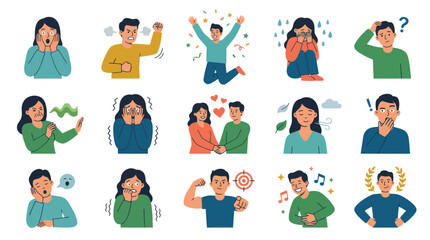 Fototapeta premium Diverse Emotions Flat Vector Icons: Happy, Sad, Angry, Surprised, Love, Fear