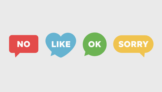 Colorful feedback speech bubbles with simple messages including no, like, ok, and sorry over gray background.