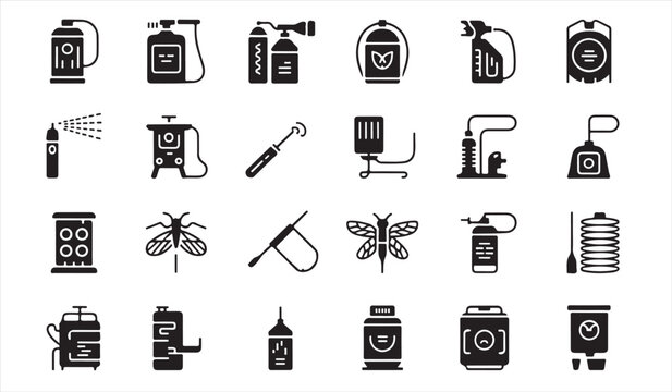 Monochrome cleaning and insect control icons for hygiene, sanitation, household maintenance and protection