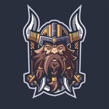 Vector graphic illustration of a fierce Viking warrior mascot logo with horned helmet, braided beard, and crossed axes in a bold esports gaming style.