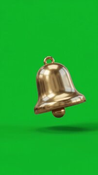 3D metallic gold notification bell icon on green screen background