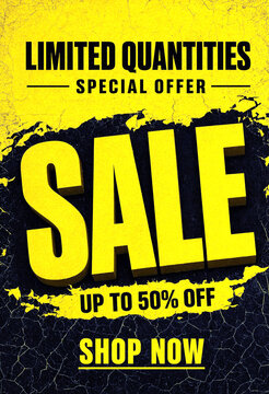 Bright yellow sale banner with bold text offering limited quantities and up to fifty percent off
