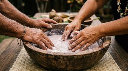 Fototapeta premium Hands working together in a large wooden bowl with water.