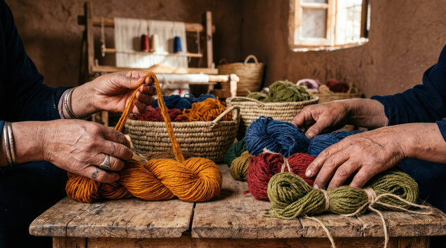 Hands working with colorful yarn and weaving tools.