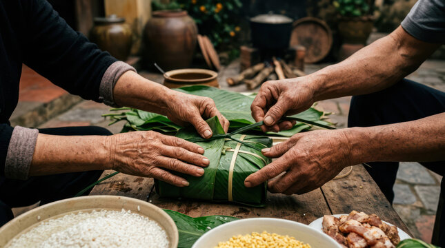 Hands wrapping food in banana leaves for cooking preparation 1.