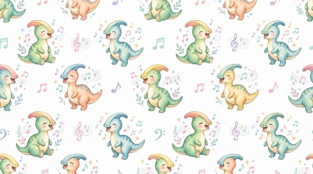 Cute Watercolor Baby Parasaurolophus Musical Seamless Pattern