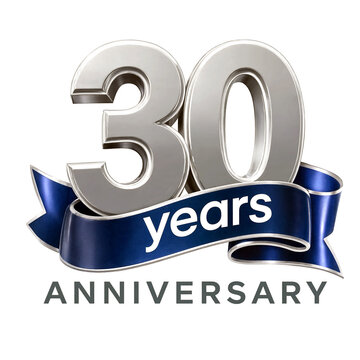 Celebratory silver thirty years anniversary logo with blue ribbon isolated design template perfect for milestones