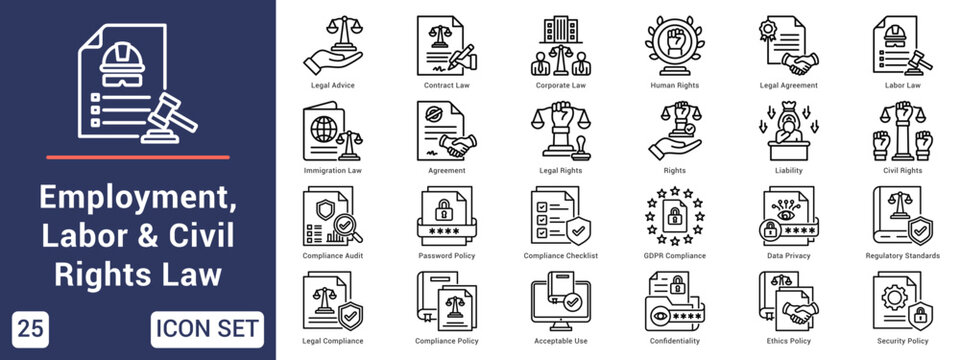 Employment, Labor & Civil Rights Law  Icon set collection. Vector icon pack featuring thematic icons for your presentations or business.