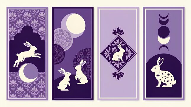Vertical Mid-Autumn Festival banners with rabbit and moon designs.