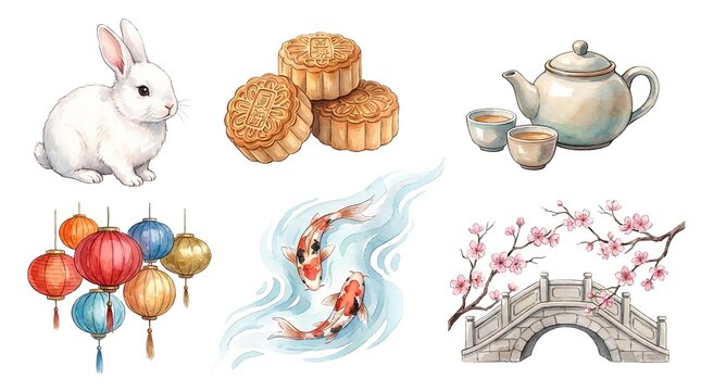 Watercolor collection of Mid-Autumn Festival symbols on white background.