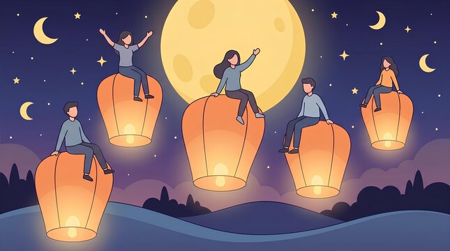 Whimsical Mid-Autumn Festival illustration of people sitting on giant lanterns under a full moon.